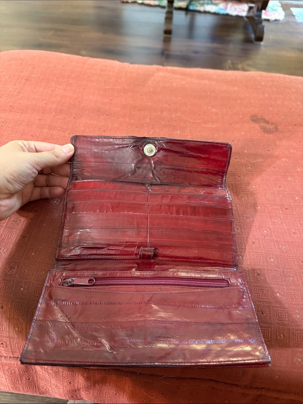 Women's Burgundy Leather Long Wallet with Zip Pocket